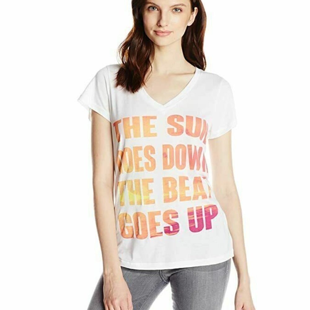 Rebecca Minkoff Sun Beat V Neck White Graphic T Shirt Size Small